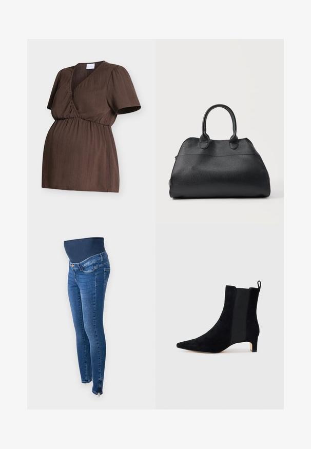 Ruskea äitiysblouse, jossa lyhyet liehukkeet hihat, V-kaula-aukko kietaisutyylillä, joustava kerätty vyötärö, esillä valkoisella taustalla.; Äitiysfarkut tummansinisestä denimmateriaalista. Slim fit -malli, jossa on joustava ja tukevan tuntuinen vatsanyö. Sivuissa vetoketjut nilkassa.; Mustat nahkaiset nilkkurit teräväkärkisellä muotoilulla ja joustavilla sivupaneeleilla, joissa on matala lohkarekenkä ja pieni vetokohta takana.; Musta teksturoitu nahkainen käsilaukku, jossa on kaksi pyöreää kahvaa, jämäkkä muoto ja sileä viimeistely, esitetty vaaleaa taustaa vasten.