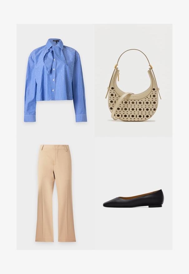 Camisa azul recortada con rayas verticales blancas, mangas largas, cierre de botones al frente y un gran cuello sobredimensionado con un detalle de tela atado.; Pantalones anchos beige con una textura suave, presentan una cinturilla de altura media y pliegues frontales limpios. Diseño sencillo, sin adornos visibles.; Zapato plano de punta puntiaguda de cuero negro con tacón bajo y acabado liso, mostrado de perfil sobre un fondo gris claro.; Bolso beige de cuero en forma de media luna con patrones geométricos perforados, asa superior y correa de hombro ajustable sobre fondo blanco.