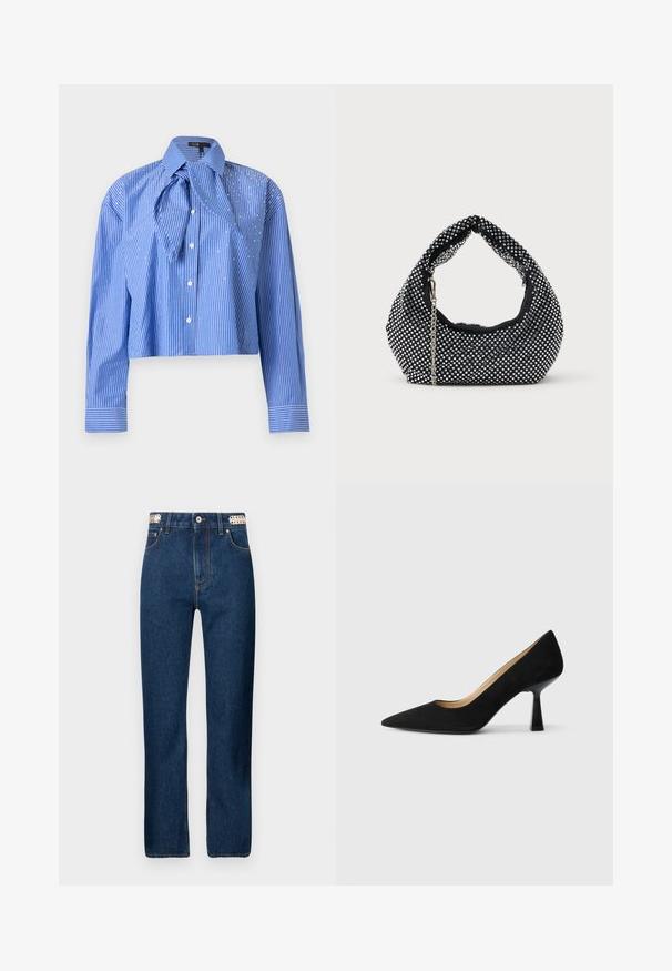 Blaue, kurz geschnittene Bluse mit weißen vertikalen Streifen, langen Ärmeln, Knopfleiste vorne und großem übergroßem Kragen mit gebundenem Stoffdetail.; Rabanne Jeans Straight Leg - dark blue denim; Schwarze Wildleder-Pumps mit hohem Absatz und spitzer Zehenform, ausgestattet mit einem glänzenden schwarzen Blockabsatz und einem glatten Innenfutter.; Schwarze Netz-Handtasche verziert mit silbernen Nieten, mit einem gebogenen Griff und einem Kettenriemen. Weiche Textur mit runder Form.