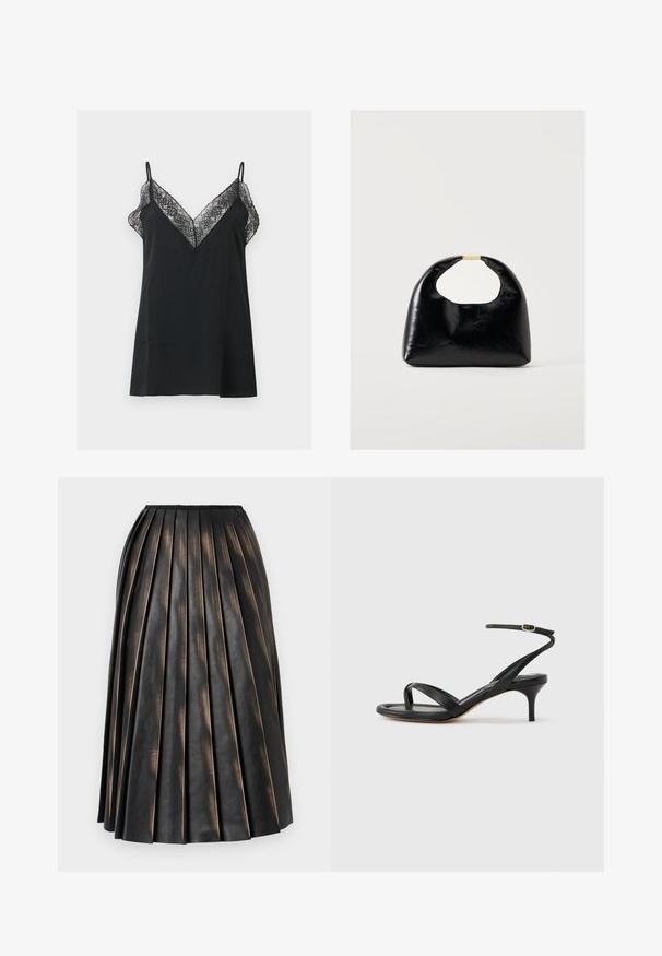Robe nuisette noire sans manches avec une délicate bordure en dentelle le long d'un décolleté plongeant en V et de fines bretelles sur un fond uni.; Jupe midi plissée noire avec une finition texturée légèrement brillante et un petit logo près de la ceinture.; Sandale pour femme en cuir noir avec fines lanières, une boucle d'orteil, une boucle à la cheville et un talon aiguille de hauteur moyenne sur un fond neutre.; Sac à main en cuir noir avec poignée arrondie et fermoir doré, sur un fond clair uni.