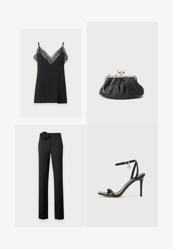 Robe nuisette noire sans manches avec une délicate bordure en dentelle le long d'un décolleté plongeant en V et de fines bretelles sur un fond uni.; Pantalon noir à coupe ajustée, avec un accent en rose en tissu à la taille, jambes droites et texture lisse.; Sandale à talon haut noire avec une bride étroite à la cheville, bout carré, cuir lisse et accent de boucle métallique.; Porte-monnaie en cuir noir avec texture froncée, cadre en métal argenté, fermeture à verrouillage kiss-lock et bandoulière en chaîne. Surface lisse et douce.