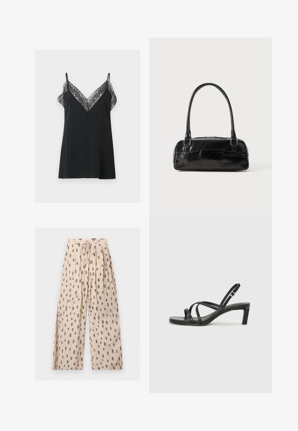 Robe nuisette noire sans manches avec une délicate bordure en dentelle le long d'un décolleté plongeant en V et de fines bretelles sur un fond uni.; Pantalon beige à jambes larges avec imprimé géométrique noir, taille élastique et cordon de serrage à l'avant avec embouts dorés.; Sandale noire à lanières avec un bout carré et un petit talon bloc. Elle présente plusieurs fines lanières et une sangle de cheville ajustable. Fabriquée en cuir lisse.; Sac à main en cuir noir de forme rectangulaire, doté d'une seule ansse structurée, de quincaillerie argentée et d'une fermeture éclair. Texture lisse.
