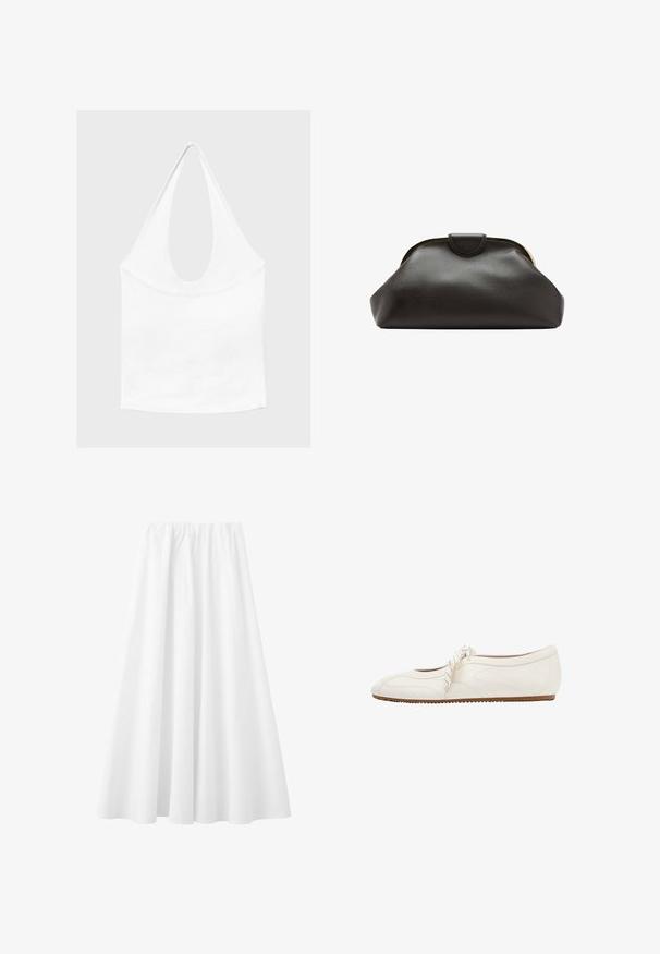 Haut blanc sans manches à encolure américaine, avec un profond col rond et une taille cintrée, présenté sur un fond clair et uni.; Longue jupe blanche avec une taille élastique et un tissu fluide s'étendant jusqu'à l'ourlet.; Chaussure de ballet plate couleur blanc cassé en cuir texturé, avec des détails cousus, un bout rond, une semelle fine en caoutchouc et une lanière crème à nouer sur le dessus.; Pochette en cuir noir souple avec un cadre arrondi et une petite fermeture à languette en haut au centre.