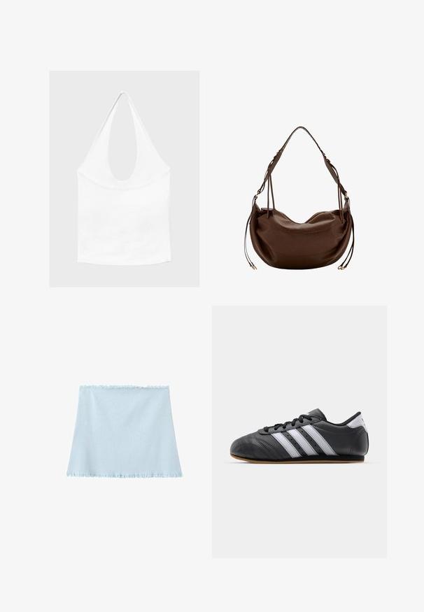 Haut blanc sans manches à encolure américaine, avec un profond col rond et une taille cintrée, présenté sur un fond clair et uni.; Haut tube en maille bleu clair avec bords volantés en haut et en bas, posé à plat sur un fond blanc.; Baskets de sport en cuir noir avec des rayures blanches, bout rond, semelle plate et fermeture à lacets. Comprend des perforations pour la respirabilité.; Sac à bandoulière en cuir marron avec une forme incurvée, une bandoulière réglable et des pompons en cuir décoratifs de chaque côté.