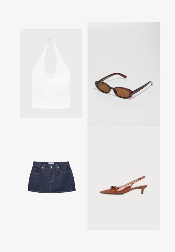 Haut blanc sans manches à encolure américaine, avec un profond col rond et une taille cintrée, présenté sur un fond clair et uni.; Minijupe en denim bleu foncé avec bouton sur le devant, poches, passants de ceinture et coutures orange visibles sur fond blanc.; Escarpin à talon kitten slingback en cuir verni marron avec bout pointu et petit nœud décoratif sur le dessus.; Lunettes de soleil rondes teinte brun avec une monture bordeaux brillante. Branches fines avec un détail de marque subtil. Design de verres plats.