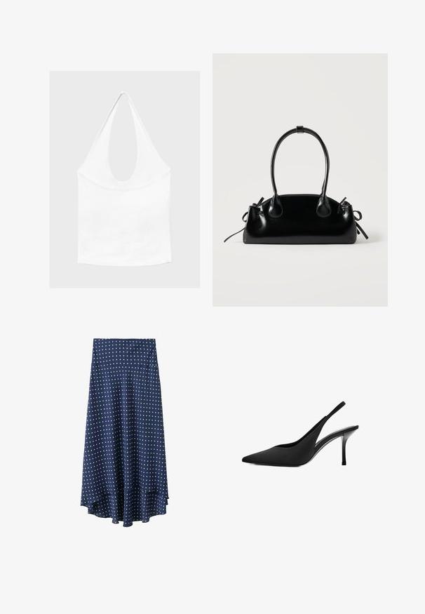 Haut blanc sans manches à encolure américaine, avec un profond col rond et une taille cintrée, présenté sur un fond clair et uni.; Jupe midi bleu marine à pois blancs, taille haute et ourlet asymétrique.; Chaussure noire à bout pointu avec bride arrière, talon aiguilles fin et finition lisse, vue de côté sur fond blanc.; Petit sac à main noir brillant avec deux longues anses et des détails à cordon sur les côtés sur un fond clair uni.