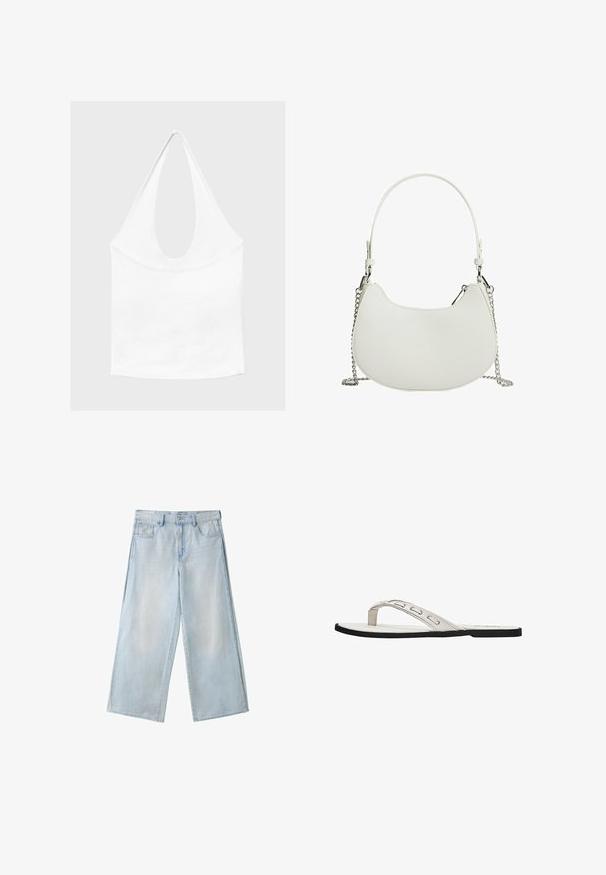 Haut blanc sans manches à encolure américaine, avec un profond col rond et une taille cintrée, présenté sur un fond clair et uni.; Jean en denim bleu clair à jambes larges avec poches avant, passants de ceinture et fermeture à bouton, présenté à plat sur fond blanc.; Sandale flip-flop plate blanche avec des fines brides présentant des détails découpés et une semelle noire.; Sac à main synthétique blanc de forme courbée, avec une bandoulière en chaîne et un design minimaliste. Texture lisse avec des accents en métal argenté.
