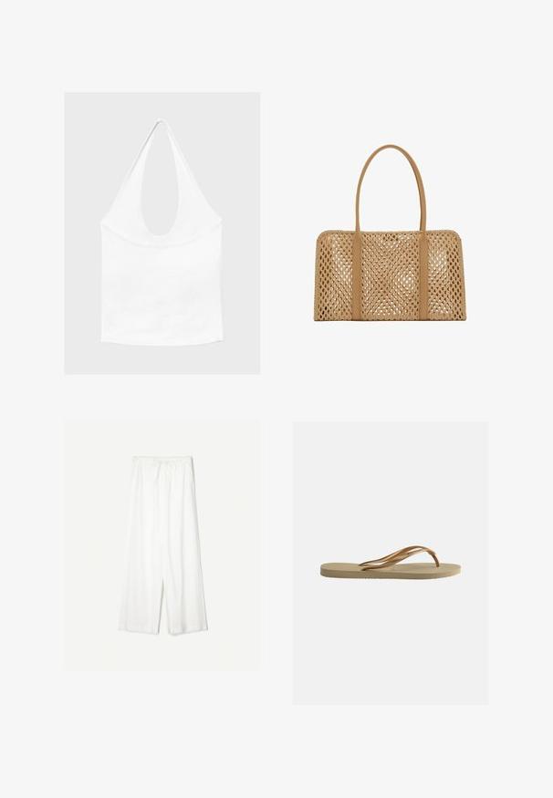 Haut blanc sans manches à encolure américaine, avec un profond col rond et une taille cintrée, présenté sur un fond clair et uni.; Pantalon blanc à jambes larges avec une taille élastique et un cordon de serrage, fabriqué dans un tissu léger.; Tongs beige avec semelle texturée et brides métalliques bronze en forme de Y sur fond blanc uni.; Sac à main tissé rectangulaire couleur fauve avec deux longues poignées lisses et un motif en treillis ouvert sur l'ensemble du corps du sac.