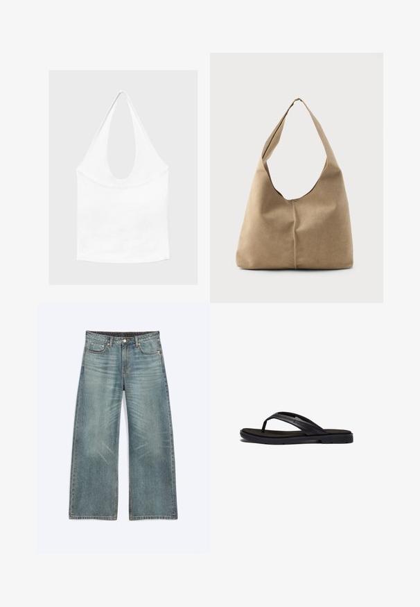 Weißes ärmelloses Neckholder-Top mit tiefem Rundhalsausschnitt und taillierter Passform, präsentiert vor schlichtem, hellem Hintergrund.; Blaue Jeans mit weitem Bein, Vordertaschen, Gürtelschlaufen, Knopfverschluss und dezenten Verwaschungseffekten an Oberschenkeln und Knien.; Schwarze Flip-Flops mit einer weich strukturierten Gummisohle und eleganten synthetischen Riemen. Das Design umfasst minimale Hardware und ein niedriges Profil.; Hobo-Tasche aus weichem beigen Wildleder mit einer lässigen Form, breitem Schulterriemen und einer handgestickten Nahtdetail entlang der Vorderseite.