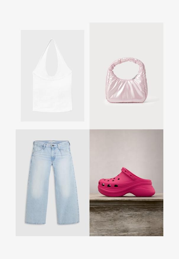Weißes ärmelloses Neckholder-Top mit tiefem Rundhalsausschnitt und taillierter Passform, präsentiert vor schlichtem, hellem Hintergrund.; Helle blaue weite Jeans aus Denim. Mit geradem Schnitt, Fünf-Taschen-Design und einem Knopfverschluss am Bund.; Helle pinke Gummischuhe mit Belüftungslöchern, einem Rückengurt und einer ergonomisch geformten Plattformsohle für mehr Komfort. Elegante und glatte Textur überall.; Rosa, gepolsterte Handtasche mit abgerundeter Form, aus glänzendem Material gefertigt. Verfügt über einen gerafften Griff und einen Reißverschluss für sicheren Zugang.
