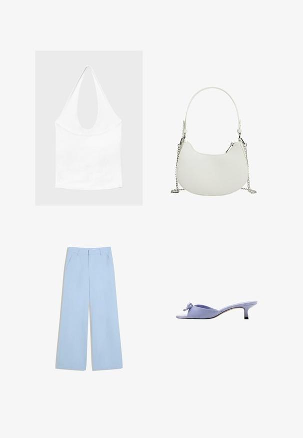 Haut blanc sans manches à encolure américaine, avec un profond col rond et une taille cintrée, présenté sur un fond clair et uni.; Pantalon large bleu clair avec poches latérales et passants pour ceinture, présenté à plat sur fond blanc.; Mule lavande à bout ouvert avec petit talon et nœud décoratif sur la partie supérieure, vue de profil sur fond blanc.; Sac à main synthétique blanc de forme courbée, avec une bandoulière en chaîne et un design minimaliste. Texture lisse avec des accents en métal argenté.