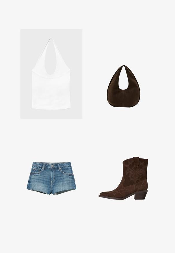Weißes ärmelloses Neckholder-Top mit tiefem Rundhalsausschnitt und taillierter Passform, präsentiert vor schlichtem, hellem Hintergrund.; Blaue Jeans-Shorts mit ausgefransten Säumen, Gürtelschlaufen, vorderem Knopf, Reißverschluss und Fünf-Taschen-Design.; Braune Wildleder-Cowboy-Stiefel mit spitzem Zeh, dekorativen Stickmustern, Knöchelhöhe und gestapeltem Absatz. Mit einer Zuglasche für einfaches An- und Ausziehen.; Dunkelbraune Wildleder-Handtasche in Halbmondform mit einem breiten Riemen und glatter Textur vor weißem Hintergrund.