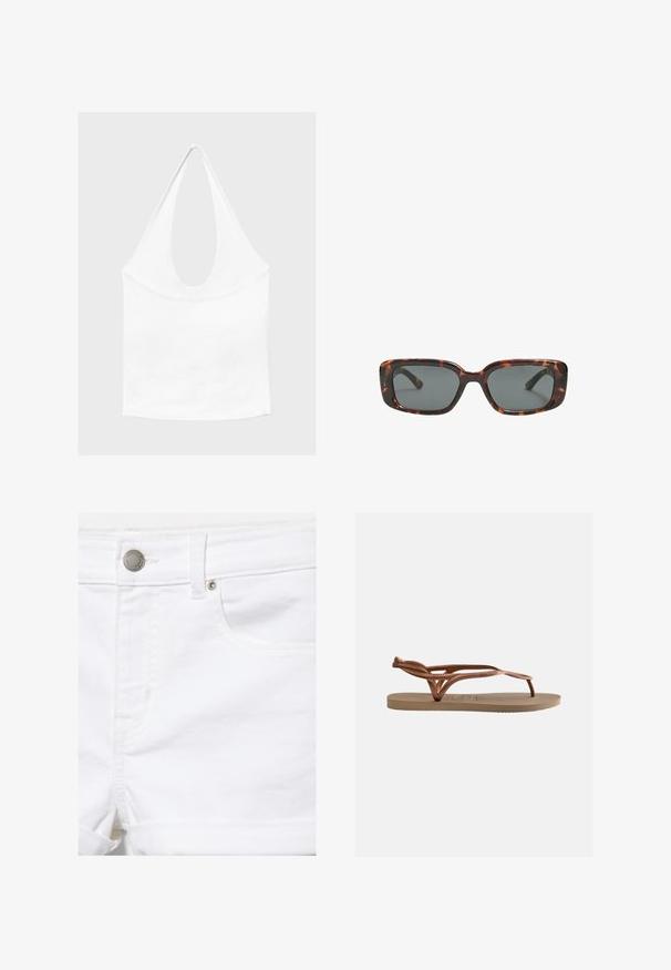 Weißes ärmelloses Neckholder-Top mit tiefem Rundhalsausschnitt und taillierter Passform, präsentiert vor schlichtem, hellem Hintergrund.; Weiße Denim-Shorts mit Metallknopf, Gürtelschlaufe, Fronttasche und aufgerolltem Saumdetail vor einfarbigem Hintergrund.; Flache Sandale mit beiger Sohle und metallisch rosegoldfarbenen geflochtenen Riemen, ausgestattet mit einem Zehensteg und Fersenriemen für sicheren Halt.; Sonnenbrille im Schildpatt-Design mit rechteckigen Gläsern, dicken Rahmen und dunkelgetönten Gläsern. Glatte Textur und minimalistisches Design.