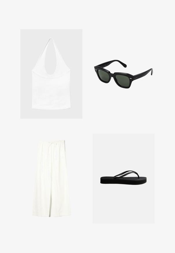 Haut blanc sans manches à encolure américaine, avec un profond col rond et une taille cintrée, présenté sur un fond clair et uni.; Pantalon en lin blanc à jambes larges avec taille élastique et cordon de serrage, doté de poches latérales et d'une fente à l'avant.; Tongs en caoutchouc noir avec semelle texturée et bride en forme de Y, vues de côté sur un fond clair uni.; Lunettes de soleil carrées noires avec des verres vert foncé, présentant des montures audacieuses et des accents argentés sur les côtés. Fabriquées en Italie.