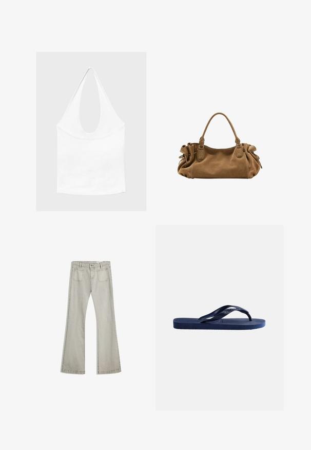 Hvid ærmeløs haltertop med dyb, rund udskæring og tætsiddende talje, vist mod en enkel lys baggrund.; Udvidede jeans i lys grå denim, med knaplukning, fem lommer og subtile stikninger langs sømmene.; Mørkeblå gummiflipflop med tekstureret sål og en Y-formet strop på en ensfarvet lys baggrund.; Blød brun ruskindshåndtaske med enkelt top håndtag og sammenrullede sidetaljer sikret med læderremme og metalringe.