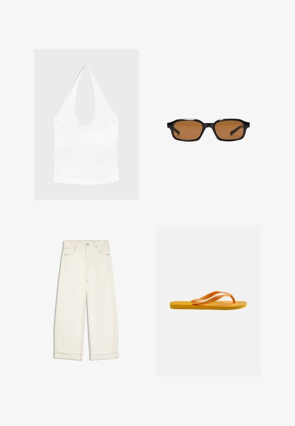 Haut blanc sans manches à encolure américaine, avec un profond col rond et une taille cintrée, présenté sur un fond clair et uni.; Pantalon large court couleur écrue avec bouton devant, fermeture éclair, deux poches avant et surpiqûres marron visibles.; Tongs jaunes avec semelle texturée et bandoulières en caoutchouc orange sur un fond gris clair uni.; Lunettes de soleil rectangulaires noires avec des montures épaisses et des verres teintés marron, vues de face sur un fond blanc.
