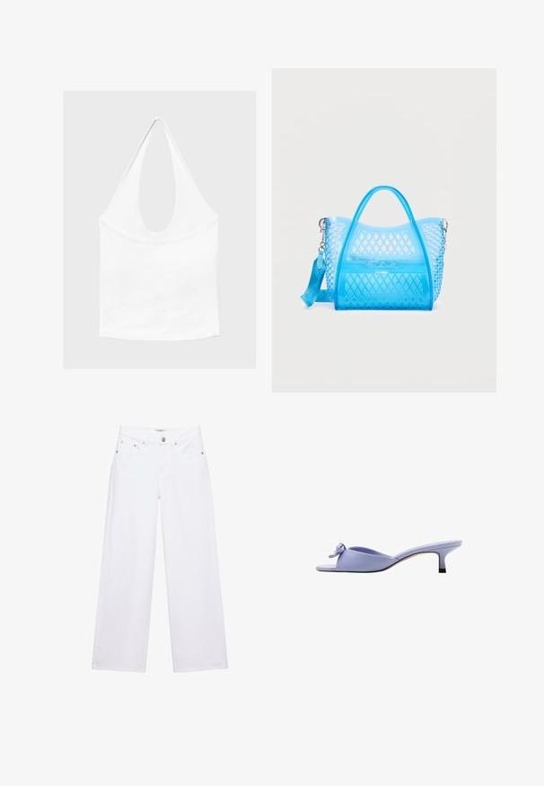 Haut blanc sans manches à encolure américaine, avec un profond col rond et une taille cintrée, présenté sur un fond clair et uni.; Jean blanc taille haute à jambes larges avec fermeture à boutons et zip, poches avant et arrière, et détails en rivets argentés.; Mule lavande à bout ouvert avec petit talon et nœud décoratif sur la partie supérieure, vue de profil sur fond blanc.; Sac à main translucide bleu avec un motif en losanges, deux poignées et une bandoulière réglable sur un fond blanc.