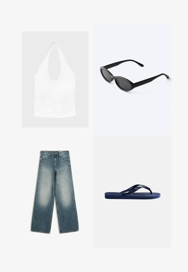 Weißes ärmelloses Neckholder-Top mit tiefem Rundhalsausschnitt und taillierter Passform, präsentiert vor schlichtem, hellem Hintergrund.; Blaue Jeans mit weitem Bein, ausgebleichten Vorderteilen an den Oberschenkeln, Fronttaschen, Gürtelschlaufen und Knopfverschluss.; Dunkelblaue Gummi-Zehensandale mit strukturierter Sohle und Y-förmigem Riemen auf schlichtem hellem Hintergrund.; Schlanke schwarze ovale Sonnenbrille mit dunklen Gläsern und geraden Bügeln, liegend auf einer weißen Oberfläche.