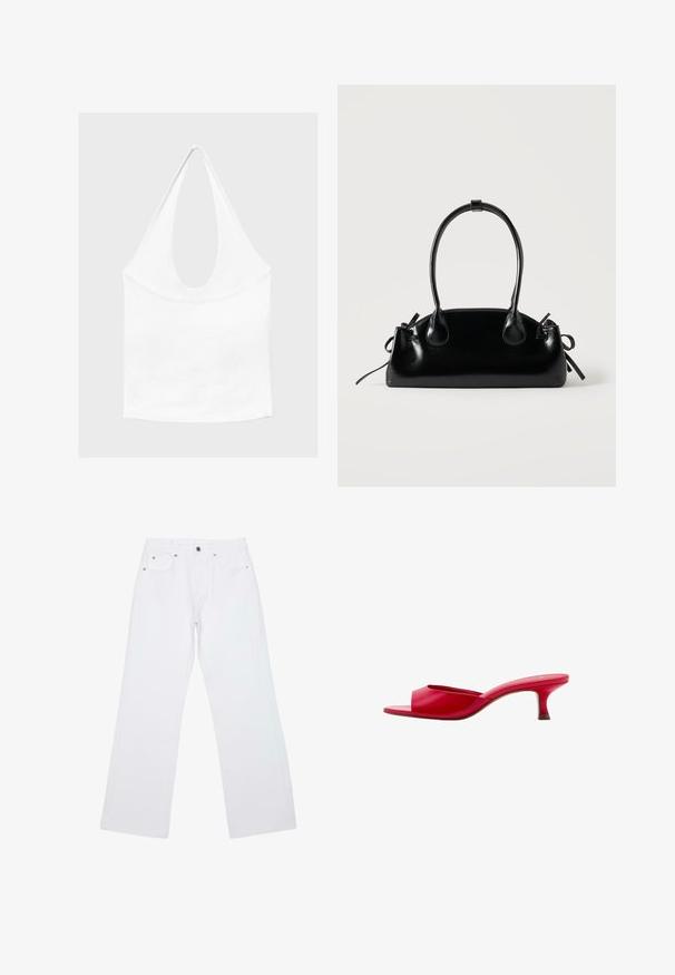 Haut blanc sans manches à encolure américaine, avec un profond col rond et une taille cintrée, présenté sur un fond clair et uni.; Jean droit blanc avec cinq poches, passants de ceinture et fermeture avant par bouton et zip, posé à plat sur un fond blanc.; Mule rouge à bout ouvert avec un petit talon kitten bas et une finition lisse, présentée de côté sur fond blanc.; Petit sac à main noir brillant avec deux longues anses et des détails à cordon sur les côtés sur un fond clair uni.
