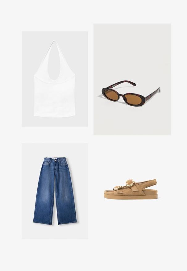 Haut blanc sans manches à encolure américaine, avec un profond col rond et une taille cintrée, présenté sur un fond clair et uni.; Jeans en denim bleu à jambes larges avec poches avant, passants de ceinture et fermeture par bouton, posés à plat sur un fond clair.; Sandale plate en daim beige avec deux larges brides dotées de boucles dorées et une bride arrière réglable sur une semelle épaisse en caoutchouc.; Lunettes de soleil ovales en écaille avec des verres teintés marron et des branches fines reposant sur une surface blanche.