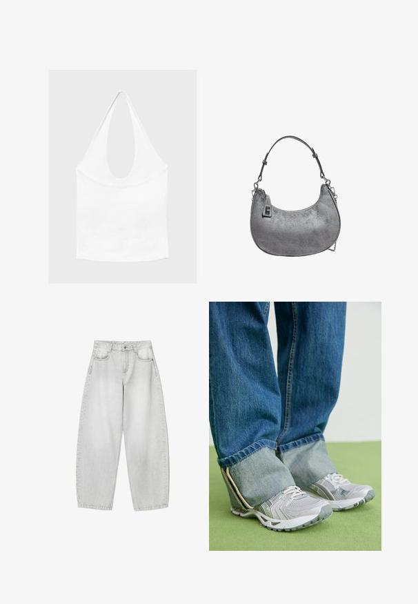 Witte mouwloze haltertop met diepe ronde hals en aansluitende taille, getoond tegen een effen lichte achtergrond.; Lichtgrijze, wijde jeans van denim, met voorzakken, een knoopsluiting in de taille en een lichte vervaging.; Grijze sportieve schoenen van mesh materiaal met witte accenten, in combinatie met blauwe denim jeans die aan de enkels zijn omgeslagen.; Grijze suède handtas met een kort handvat en een klein metalen sluitinkje, met een gebogen bodem en een licht taps toelopende bovenkant.