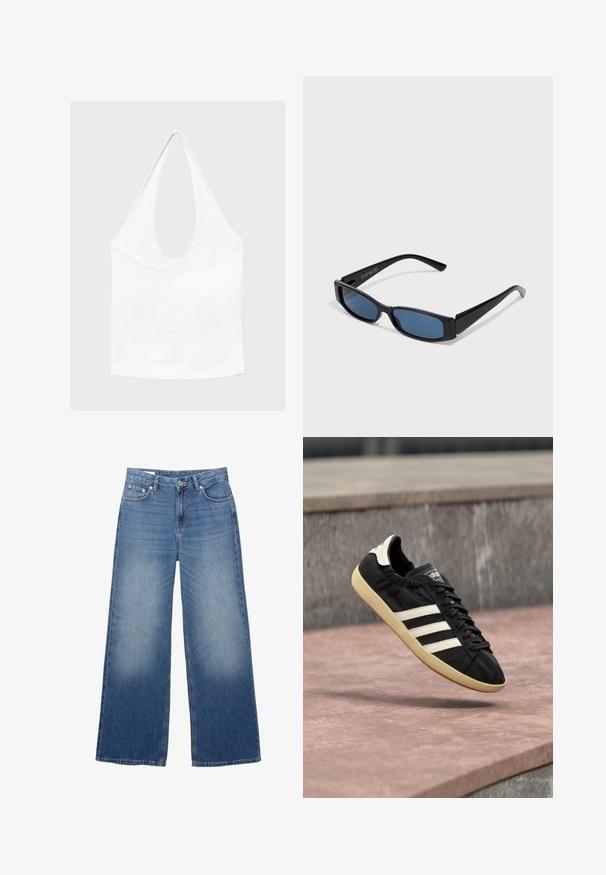 Hvid ærmeløs haltertop med dyb, rund udskæring og tætsiddende talje, vist mod en enkel lys baggrund.; Blå brede jeans i denim med knap og lynlås foran, der har lommer foran og bagpå samt let falming på lårene.; Sort Adidas sneaker med hvide striber og beige sål, fanget i luften over en stenet overflade og baggrund af en stenmur.; Sorte solbriller med en slank rektangulær ramme og blå linser. Har en glat overflade og robuste stænger. Mærkets logo på siden.