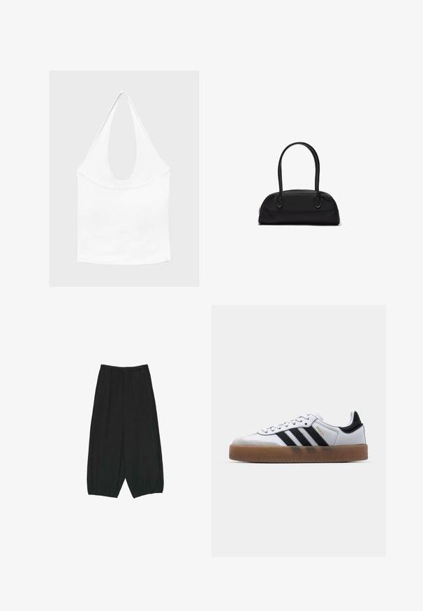 Haut blanc sans manches à encolure américaine, avec un profond col rond et une taille cintrée, présenté sur un fond clair et uni.; Pantalon large noir ample avec taille et poignets élastiqués, doté de poches latérales et d'une coupe décontractée.; Baskets en cuir blanc avec des rayures noires, semelle extérieure en caoutchouc beige, bout rond, fermeture lacée et embout en suède gris doux.; Sac à main en cuir noir avec des poignées longues et arrondies et un corps rectangulaire incurvé, doté d'une fermeture éclair supérieure.