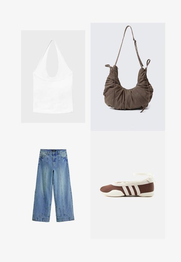 Hvid ærmeløs haltertop med dyb, rund udskæring og tætsiddende talje, vist mod en enkel lys baggrund.; Lysblå, brede jeans i denim med høj talje, markante syninger og lappe-lignende detaljer på baglommerne.; Brun og hvid balletflad sko med tre hvide striber og ankelbånds sløjfe på en ensartet lys baggrund.; Brun ruskind skuldertaske med rynkede detaljer, justerbar rem og dekorative sidebånd, vist mod en neutral baggrund.