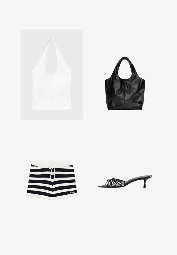 Haut blanc sans manches à encolure américaine, avec un profond col rond et une taille cintrée, présenté sur un fond clair et uni.; Guess Jeans GESTREIFTES - Short - mehrfarbig schwarz; Mule noire à bout ouvert avec fines brides, détail nœud, petit talon kitten et motif à pois blancs sur les brides et la semelle.; Sac fourre-tout en cuir noir avec une texture lisse, un haut arrondi doux et de larges poignées. Présente une couture minimale et une silhouette décontractée.