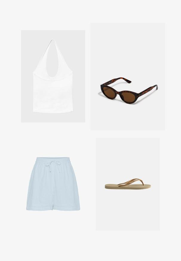 Haut blanc sans manches à encolure américaine, avec un profond col rond et une taille cintrée, présenté sur un fond clair et uni.; Shorts ample bleu clair avec taille élastique et lien à l'avant, en tissu doux légèrement texturé.; Tongs beige avec semelle texturée et brides métalliques bronze en forme de Y sur fond blanc uni.; Lunettes de soleil en écaille de tortue marron avec une forme vintage de lunettes cat-eye et des verres marron. Présente des branches courbées avec des accents rouges.
