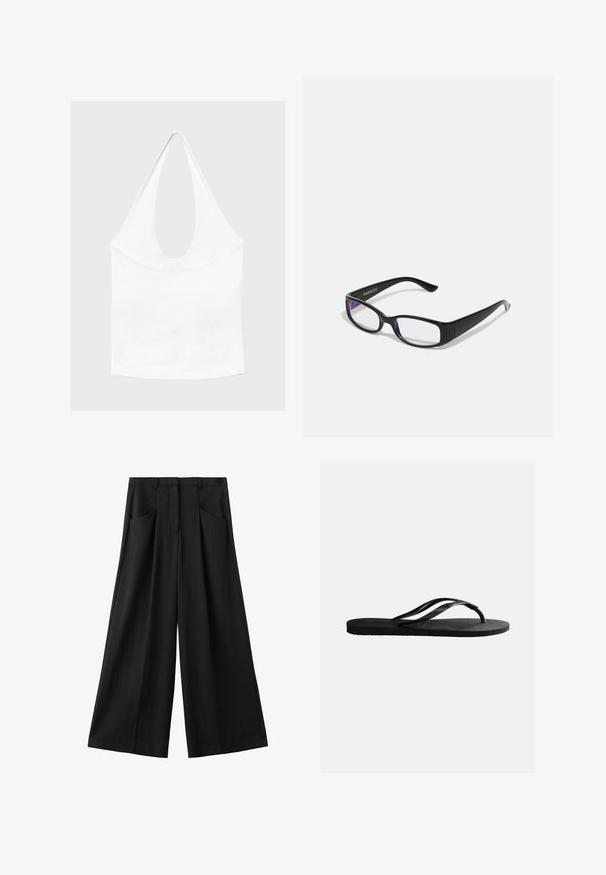 Haut blanc sans manches à encolure américaine, avec un profond col rond et une taille cintrée, présenté sur un fond clair et uni.; Pantalon noir à jambes larges avec poches avant, passants pour ceinture, et une fermeture avant dissimulée, présenté sur un fond blanc.; Sandale tong en caoutchouc noir avec semelle texturée et fines brides en Y sur un fond blanc uni.; Des lunettes rectangulaires noires avec des verres transparents. Fini brillant, branches étroites et teinte violette visible sur les bords des verres.