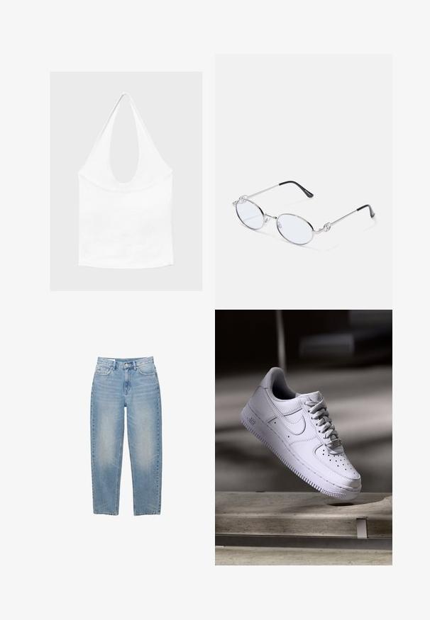 Witte mouwloze haltertop met diepe ronde hals en aansluitende taille, getoond tegen een effen lichte achtergrond.; Lichtblauwe denim jeans met rechte pijpen, voorzien van een knoopsluiting aan de voorkant, rits en vijf zakken, afgebeeld tegen een witte achtergrond.; Witte Nike Air Force 1 sneaker die zweeft boven een betonnen oppervlak met schaduwen in een minimalistische setting.; Zilveren metalen ovale bril met heldere glazen, voorzien van decoratieve zijkanten en zwarte uiteinden op de pootjes voor extra grip en comfort.