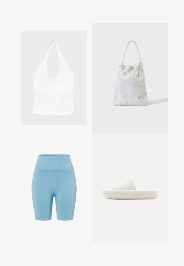 Witte mouwloze haltertop met diepe ronde hals en aansluitende taille, getoond tegen een effen lichte achtergrond.; Lichtblauwe geribbelde shorts met een hoge tailleband, voorzien van een gladde textuur en een aansluitende pasvorm, ideaal voor sportieve kleding of casual gebruik.; Witte schommel sandaal met een gestructureerde band en een afgeronde, verhoogde zool. Het materiaal lijkt soepel en duurzaam met een subtiel patroon.; Witte stoffen draagtas met kanten bloemenborduurwerk en een geplooid bovenhandvat, getoond tegen een effen lichte achtergrond.