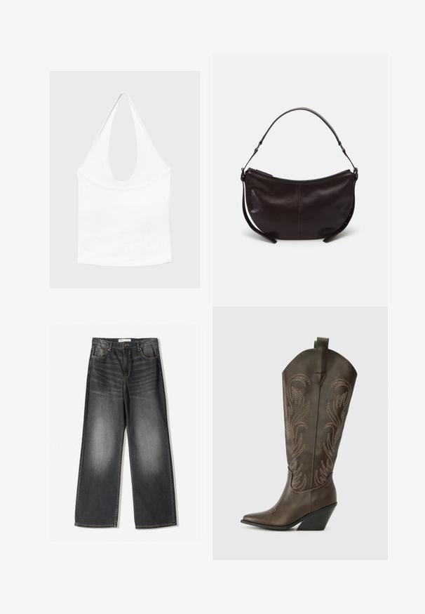 Hvid ærmeløs haltertop med dyb, rund udskæring og tætsiddende talje, vist mod en enkel lys baggrund.; Mørkegrå brede jeans lavet af denim, med fem lommer, en frontlynlås og kontrastfarvet syninger langs sømmene.; Brune læder cowboystøvle med spids tå, kilehæl og dekorativ broderi. Har en høj stok og en trækflap.; Mørkebrun læder skuldertaske med en buet form, glat tekstur og en enkelt justerbar rem. Har lynlåslukning.
