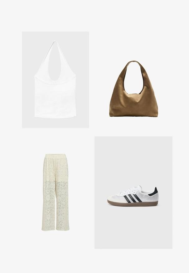 Haut blanc sans manches à encolure américaine, avec un profond col rond et une taille cintrée, présenté sur un fond clair et uni.; Pantalon large couleur crème avec motif en dentelle florale et taille élastique, semi-transparent à partir du milieu de la cuisse vers le bas.; Baskets en mesh blanc avec des rayures noires, un embout en daim beige et un accent sur le talon, semelle en caoutchouc texturée, et lacets blancs. Design classique à tige basse.; Sac à épaule en tissu marron avec un corps large et arrondi et une grande poignée découpée. Texture douce, design minimaliste et aucun matériel visible.