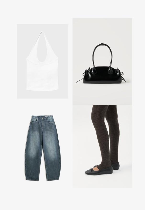 Hvid ærmeløs haltertop med dyb, rund udskæring og tætsiddende talje, vist mod en enkel lys baggrund.; Lys blå denim bredbenede jeans har høj talje, fem lommer, diskret fald og syninger langs sømmene.; Ben iført mørke ribbede leggings kombineret med sorte balletsko med små sløjfedetaljer på hvid baggrund.; Lille sort blank håndtaske med to lange håndtag og snøre-detaljer i siden på en ensfarvet lys baggrund.