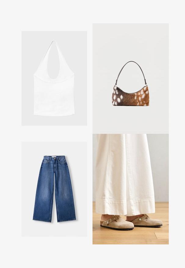 Hvid ærmeløs haltertop med dyb, rund udskæring og tætsiddende talje, vist mod en enkel lys baggrund.; Bredbenet blå denimjeans med forlommer, bæltestropper og knaplukning, lagt fladt på en lys baggrund.; Beige ruskinds clogs med en spænde og nikkede accenter, iført med hvide brede bukser, sat på et trægulv.; Skuldertaske med brun og hvid pletmønstret imiteret pels og en tynd sort rem, vist på en hvid baggrund.