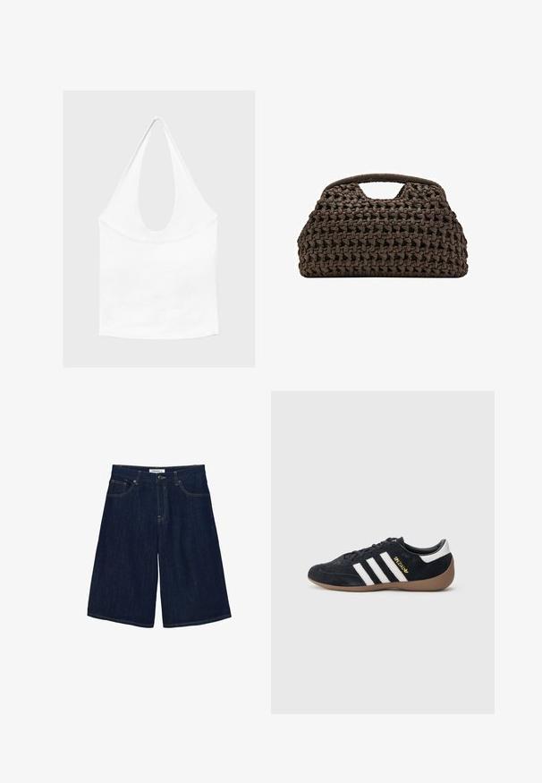Hvid ærmeløs haltertop med dyb, rund udskæring og tætsiddende talje, vist mod en enkel lys baggrund.; Mørkeblå denim knælange shorts med knap- og lynlåslukning, lommer foran og bagpå samt kontrastsyning.; Sort ruskindssneaker med tre hvide striber, gummisål og et lille gyldent logo på siden. Har en glat sort foring indvendigt.; Brun vævet håndtaske med en chunky strikket tekstur og udskåret håndtag, rektangulær form med en blød, afslappet struktur.