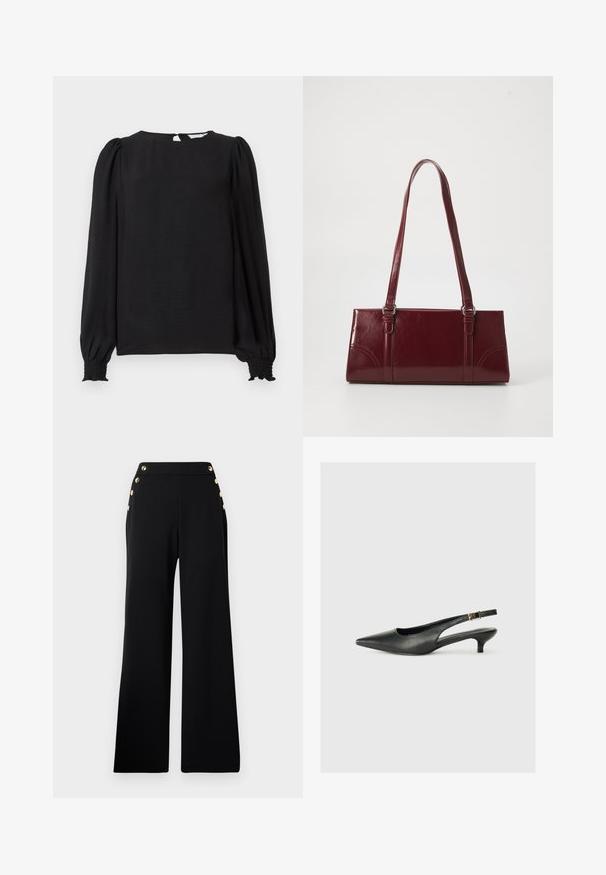 Schwarze Bluse mit langen, gepufften Ärmeln. Sie hat einen runden Ausschnitt, eine Schlüsselrückenöffnung und gesmokte Bündchen für einen figurbetonten Look. Glatte Textur.; Schwarze hochtaillierte, weite Hose mit goldenen Knöpfen an der Vorderseite und Taschen an beiden Hüften auf weißem Hintergrund.; Schwarzer Slingback-Schuh mit spitzem Zehenbereich aus glattem Leder. Mit einem dünnen Absatz und einer dekorativen Schnalle am verstellbaren Riemen.; Burgunderfarbene Handtasche aus glänzendem Material, rechteckige Form, mit zwei Schulterriemen und subtilen, geschwungenen Akzenten an der Vorderseite.