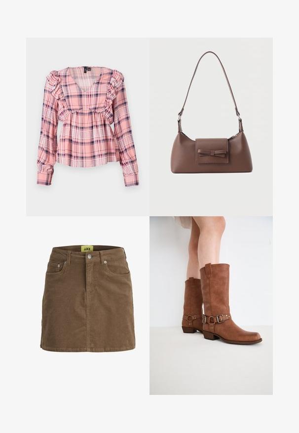 Roze geruite blouse met lange mouwen, een V-hals, gerimpelde schouders en een elastische taille. Kenmerkend zijn de witte en marineblauwe accenten in het patroon.; Bruine corduroy minirok met knopen en ritssluiting aan de voorkant, riemlussen en voorzakken, met een gele JJXX-label aan de binnenkant van de tailleband.; Bruine leren enkellaarzen met een lichtpuntige neus, decoratieve gespen en een lage, gestapelde hak. Glad oppervlak met een matte afwerking.; Bruine leren schoudertas met een voorvak met klep en een gestikte strikdetail en een verstelbare band.