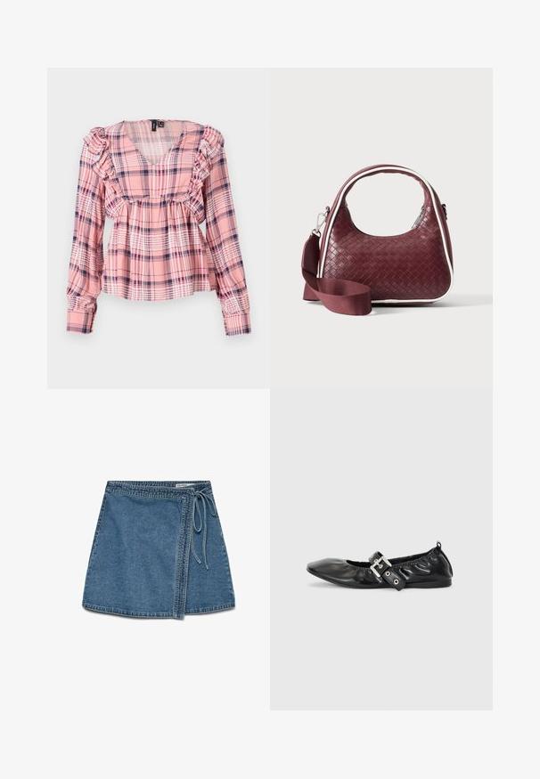 Lyserød ternet skjorte med lange ærmer, V-hals, flæser ved skulderne og elastisk talje. Har hvide og marineblå accenter i mønstret.; Denim indigo omslagskørt i lys blå med et bånd i taljen, der har en lige pasform og en glat tekstur. Ingen synlige mønstre eller dekorationer.; Sorte læder flade sko med spids tå, samling detaljer omkring åbningen, og en sølv spænde accent på den justerbare rem.; Mørkerød vævet lædertaske med buet hank, hvid kant, sølv lynlås og aftagelig bred stofskulderrem mod en ensfarvet baggrund.