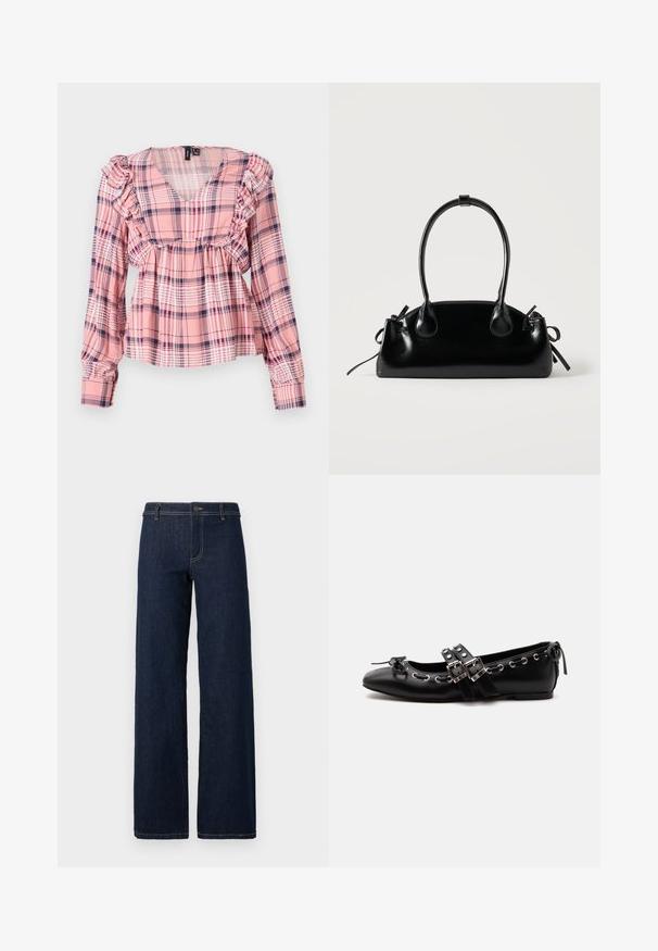 Rosa karierte Langarmbluse mit V-Ausschnitt, Rüschenschultern und elastischem Bund. Enthält weiße und marineblaue Akzente im Muster.; Weite, dunkelblaue Jeans mit klassischem Fünf-Taschen-Design, aus Denim gefertigt, mit goldenen Nähten und einem Knopfverschluss an der Taille.; Schwarzer flacher Ballettschuh mit doppelten Schnallenriemen, silbernen Ösen und einer kleinen Schleife nahe der abgerundeten Spitze auf weißem Hintergrund.; Kleine schwarze glänzende Handtasche mit zwei langen Griffen und seitlichen Kordelzug-Details vor einfachem hellem Hintergrund.