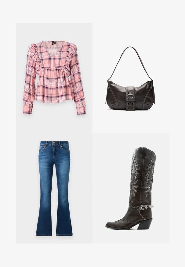 Roze geruite blouse met lange mouwen, een V-hals, gerimpelde schouders en een elastische taille. Kenmerkend zijn de witte en marineblauwe accenten in het patroon.; Blauwe denim flared jeans met voorzakken, ceintuurlussen en dubbele knoopsluiting, weergegeven op een effen achtergrond.; Zwarte leren cowboylaars met decoratieve uitsnijdingen, zilveren gesp en schuine hak, weergegeven op een witte achtergrond.; Bruine leren schoudertas met een gebogen vorm, voorzien van een opvallende gespdetail, contrasterende stiksels en een enkele schouderband.
