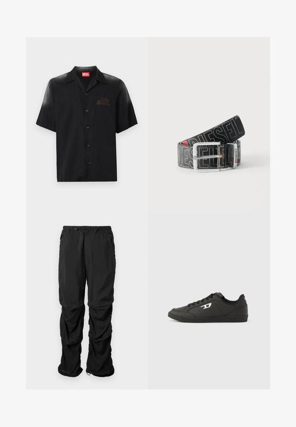 Chemise noire à manches courtes en tissu lisse avec un devant boutonné, arborant un logo embossé discret sur la poitrine gauche.; Pantalons utilitaires noirs en tissu léger dotés d'une ceinture élastique, de cordons de serrage ajustables et de poches latérales, offrant une coupe décontractée.; Baskets synthétiques noires avec une semelle noire texturée, un bout rond et des lacets plats noirs. Logo blanc remarquablement placé sur le côté extérieur.; Ceinture noire Diesel avec grand texte logo blanc, boucle rectangulaire en argent, et détail de boucle métallique brandée, enroulée sur un fond clair.
