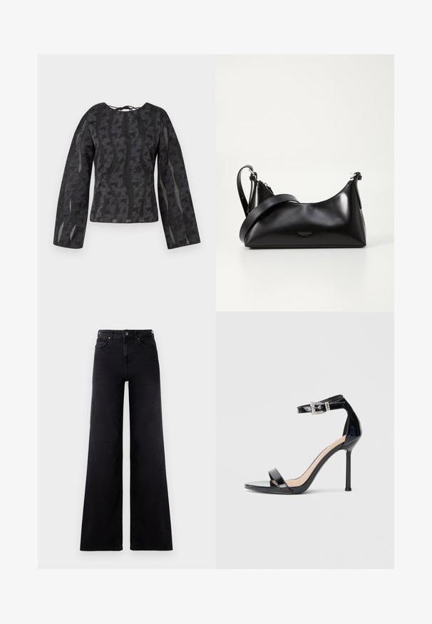 Sort langærmet top med et tekstureret mønster af bølgende linjer, en rund halsudskæring og en knytdetalje bagpå.; Højtaljede sorte wide-leg jeans med frontlommer, bælteløkker og knappelukning.; Sort højhælet sandal i laklæder med ankelrem. Har minimalistisk design, åben tå og spænde med rhinsten-detaljer.; Sort læderhåndtaske med en glat tekstur. Har en justerbar stropp og et enkelt, minimalistisk design med lynlås.
