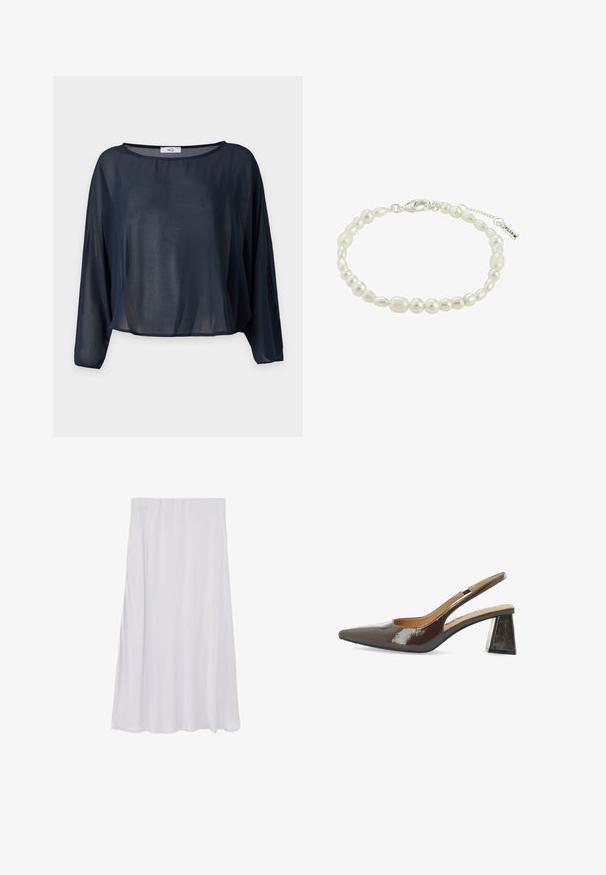 Marineblå langærmet transparent bluse med bred rund halsudskæring og løs pasform mod en ensfarvet baggrund.; Lang hvid flydende nederdel med en glat tekstur og subtile plisseringer, vist på en ensfarvet hvid baggrund.; Slingback højhælede sko i blank, mørkebrun patentlæder, spids tå, udskårne sider og en firkantet blokhæl.; Perlearmbånd med assorterede hvide perler i forskellige former og størrelser, sikret med en sølvfarvet klipslås og en justerbar kæde.