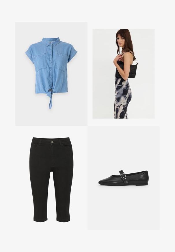 Lysblå denim skjorte med korte ærmer, der har krave, to brystlommer og en knyttet detalje foran ved sømmen. Glat tekstur.; Sorte denim capri bukser med tætsiddende design, frontlommer og en enkelt knaplukning, der har en glat tekstur og ankel længde.; Sorte læder flade sko med rund tå, et enkelt justerbart spænde og en glat, blank overflade. Minimalistisk design med en lav hæl.; Sort quiltet skuldertaske med en enkelt rem og sølvhardware, parret med en tætsiddende kjole med tie-dye mønster i nuancer af sort og creme.