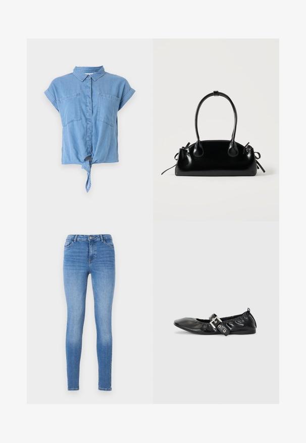 Lysblå denim skjorte med korte ærmer, der har krave, to brystlommer og en knyttet detalje foran ved sømmen. Glat tekstur.; Slanke jeans i lyseblå denim med mellemhøj talje, fem-pockets design og tonal syning med en glat tekstur.; Sorte læder flade sko med spids tå, samling detaljer omkring åbningen, og en sølv spænde accent på den justerbare rem.; Lille sort blank håndtaske med to lange håndtag og snøre-detaljer i siden på en ensfarvet lys baggrund.
