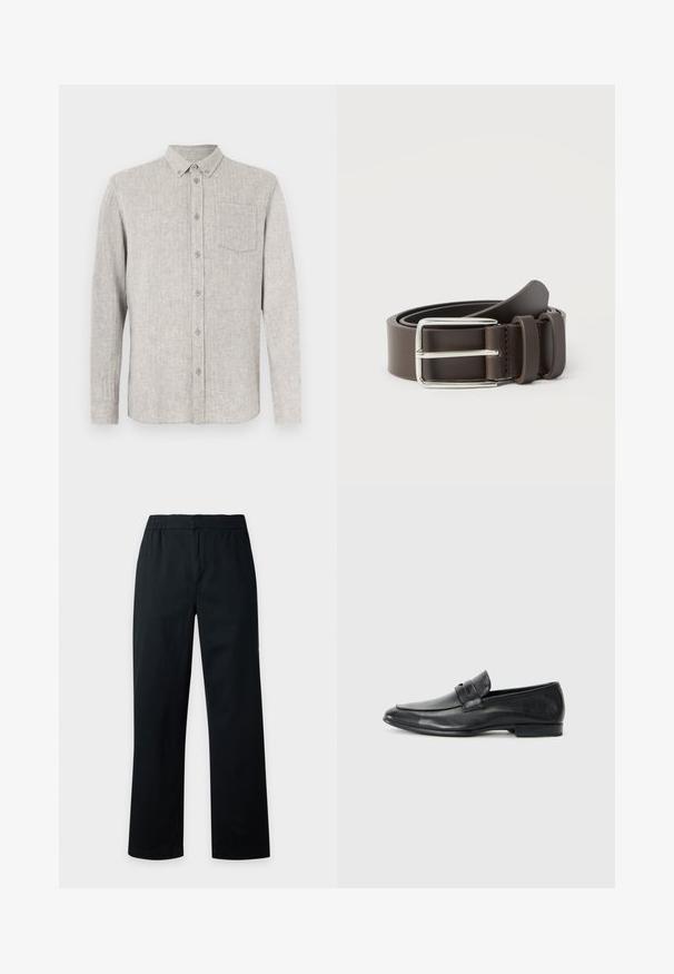 Chemise gris clair boutonnée en tissu texturé, avec un col, des manches longues et une poche poitrine unique.; Pantalon noir droit avec taille élastique, sans poches visibles ni décorations, présenté sur un fond clair uni.; Mocassins en cuir noir avec un bout arrondi, des détails cousus, une large lanière sur le devant, et un talon bas et plat. Fini lisse.; Ceinture en cuir marron avec une boucle en métal argenté, présentant une texture lisse et un design simple. Comprend une boucle pour l'ajustement et la fixation.