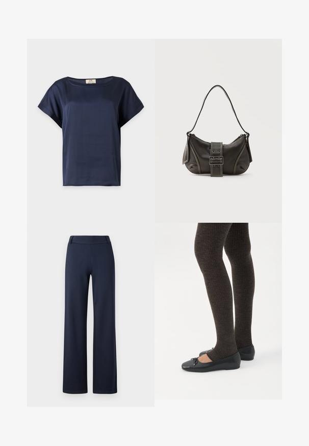 Blusa azul marino de manga corta con cuello redondo y puños doblados, mostrada sobre un fondo liso y claro.; Pantalones de pierna ancha en azul marino, fabricados con un material suave y elástico. Cuentan con una cinturilla plana y una textura suave; sin patrones visibles ni herrajes.; Piernas con leggings oscuros acanalados combinados con bailarinas negras que presentan pequeños detalles de lazo sobre un fondo blanco.; Bolso de hombro de cuero negro con detalle de correa con hebilla, bordes curvos y costuras blancas en contraste sobre un fondo liso.